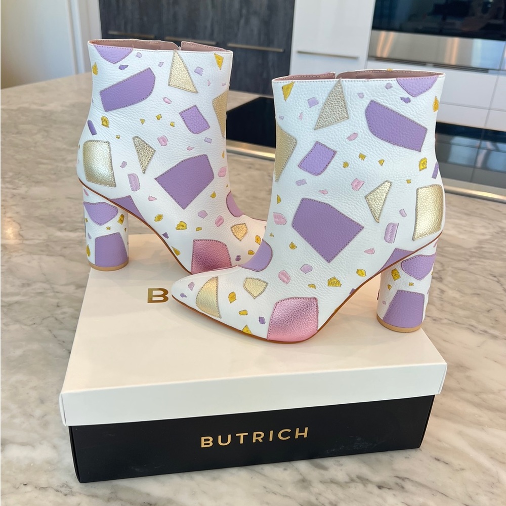Brand New in Box Jessica Butrich Katrina Boot White Pink Purple Gold Terrazzo